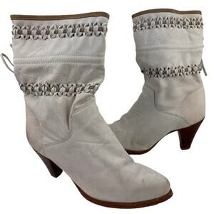 ZODIAC White Leather Almond Toe Woven Self Tie Mid-Calf Bootie Size 8.5 VINTAGE